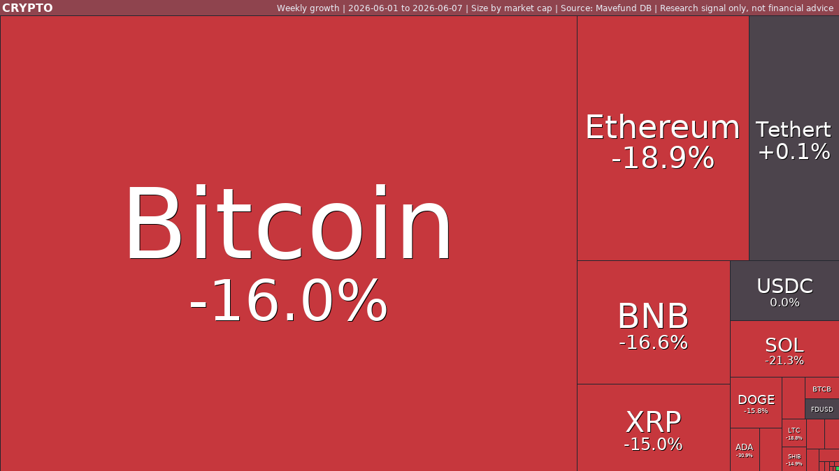 Crypto weekly: Bitcoin and Ethereum slide as Worldcoin rallies | Jun 1-7, 2026 weekly treemap