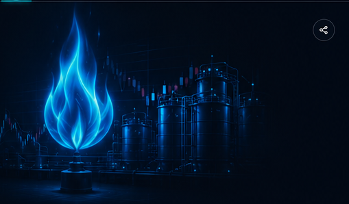 Blue natural gas flame with market chart backdrop