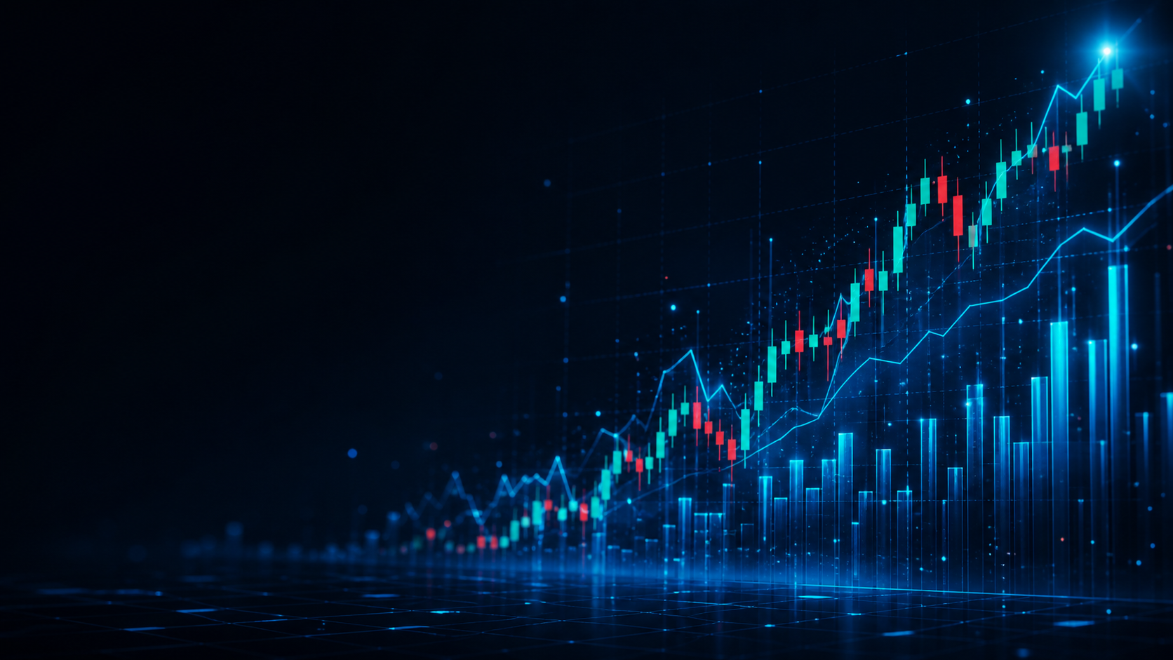 Dark stock market chart background with glowing blue candlesticks and volume bars